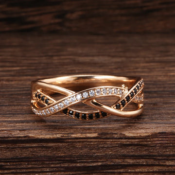 Luxury Filled 14K Rose Gold AAA Black, White Zircon Diamonds Geometric Line Cross Ring  - Vintage Style Jewellery